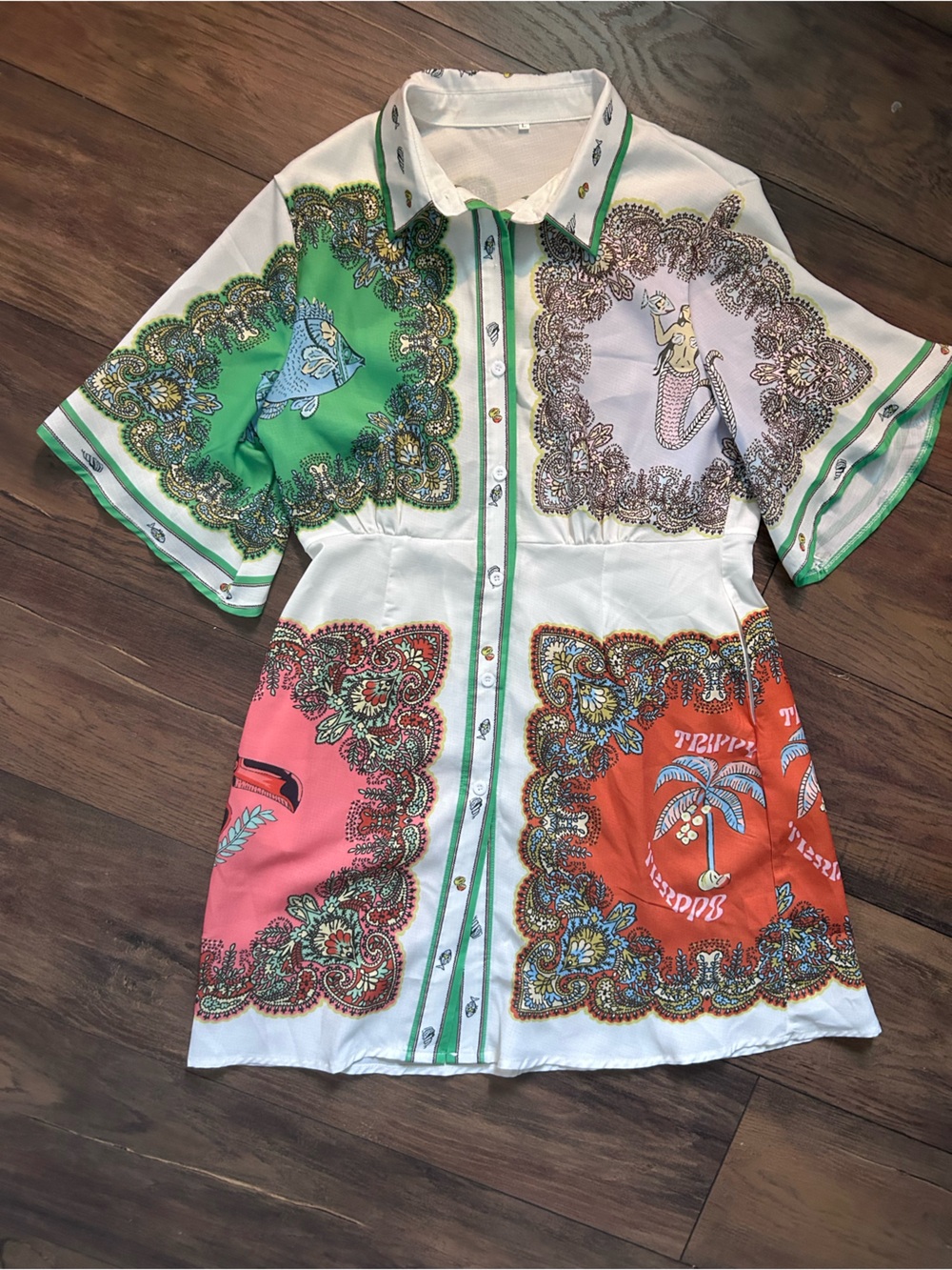 Colorblock Scarf Print Button-Front Shirt Dress - Green, Pink, Orange, White